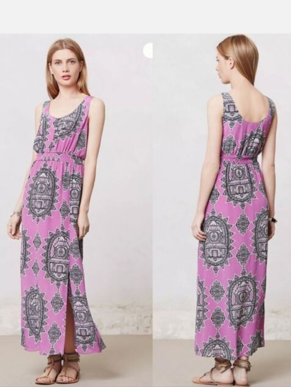 Anthropologie Maeve 100% Silk Purple Black Sleeveless Dress Summer Travel Size S